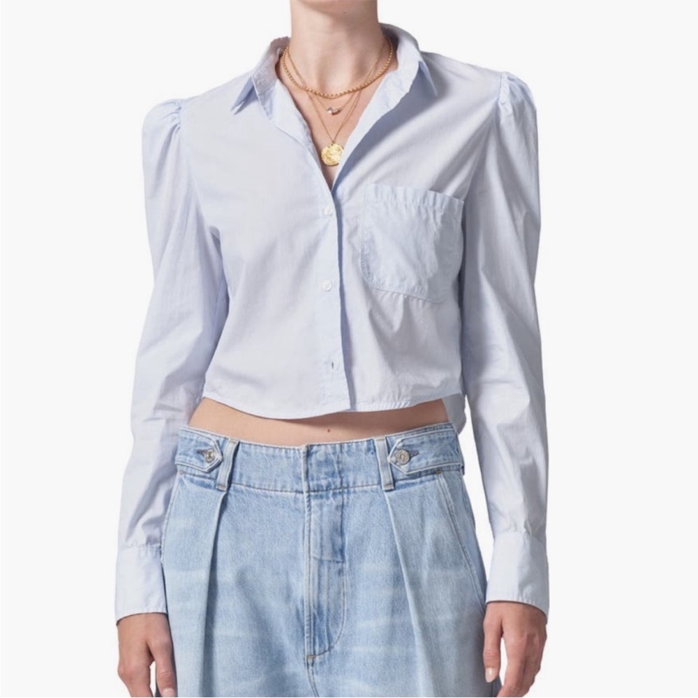 Citizens Of Humanity Light Blue Cropped Button-Down Shirt